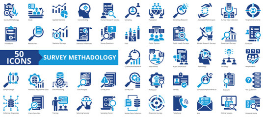 Survey methodology icon collection set. Containing study, data collection, statistics, information, question, research, analysis icon. Simple flat vector illustration.