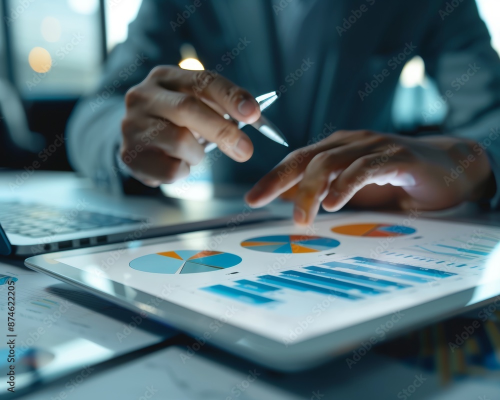 Poster business professionals analyzing financial data on tablet with graphs and charts in office setting