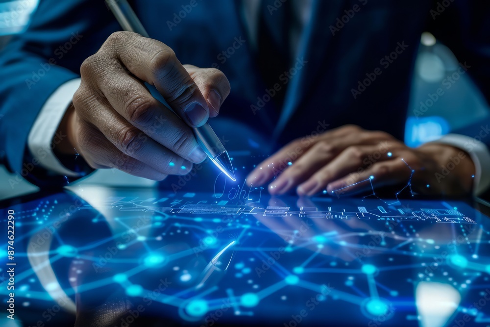 Poster paperless workplace idea, e-signing, electronic signature, document management. businessman signs an