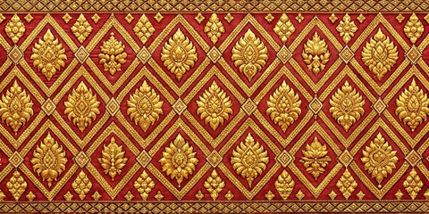Thai style fabric pattern with intricate golden details , Thailand, traditional, culture, design, textile, ornate, elegant