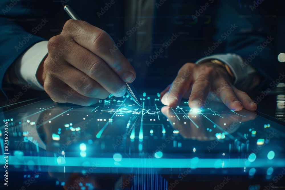 Poster paperless workplace idea, e-signing, electronic signature, document management. businessman signs an