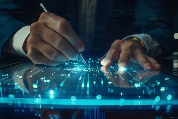 Fototapeta premium Paperless workplace idea, e-signing, electronic signature, document management. Businessman signs an electronic document on a digital document on a virtual notebook screen using a stylus pen