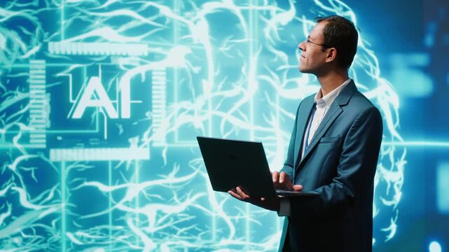 Computer scientist using laptop to implement artificial intelligence parallel processing, breaking up complex computational tasks enabling AI systems to process more input data faster, camera A