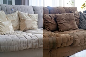 Indoor textile sofa wet cleaning  before   after for professional service concept