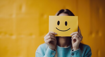 woman holding yellow paper with smiley face drawing on it, happy and positive concept, emotional support or mental health , stock photo for web banner design