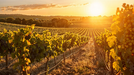 Fototapeta premium Sun-drenched vineyard at golden hour. Rows of lush grapevines stretch across rolling hills. Warm light bathes landscape in rich hues, creating idyllic rural scene.