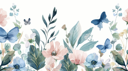 A watercolor floral border, pastel pink and blue flowers, lush green leaves, butterflies adding a whimsical touch, soft and light color palette, intricate and delicate design