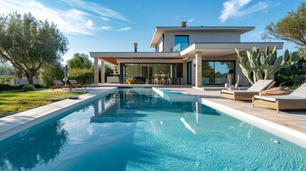 Fototapeta premium modern luxury house with pool generative ai