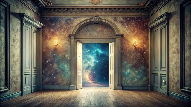 Surreal of a portal to a parallel universe in an ancient paper mansion, surreal,portal, parallel universe