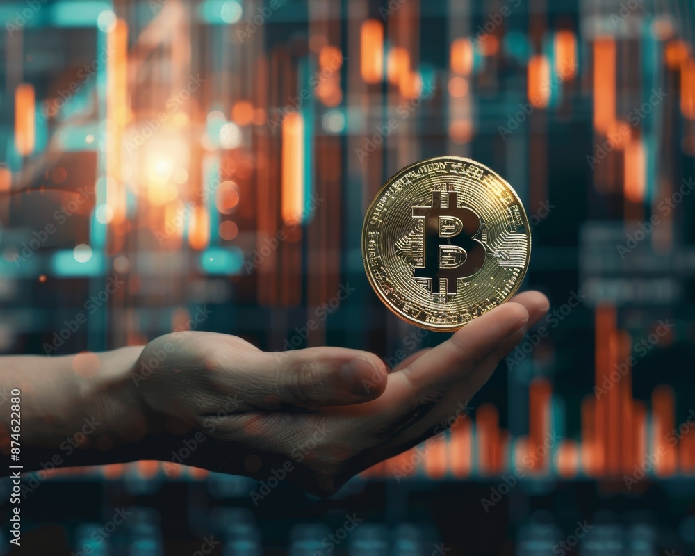 Poster hand holding physical bitcoin on digital backdrop with copy space for text insertion