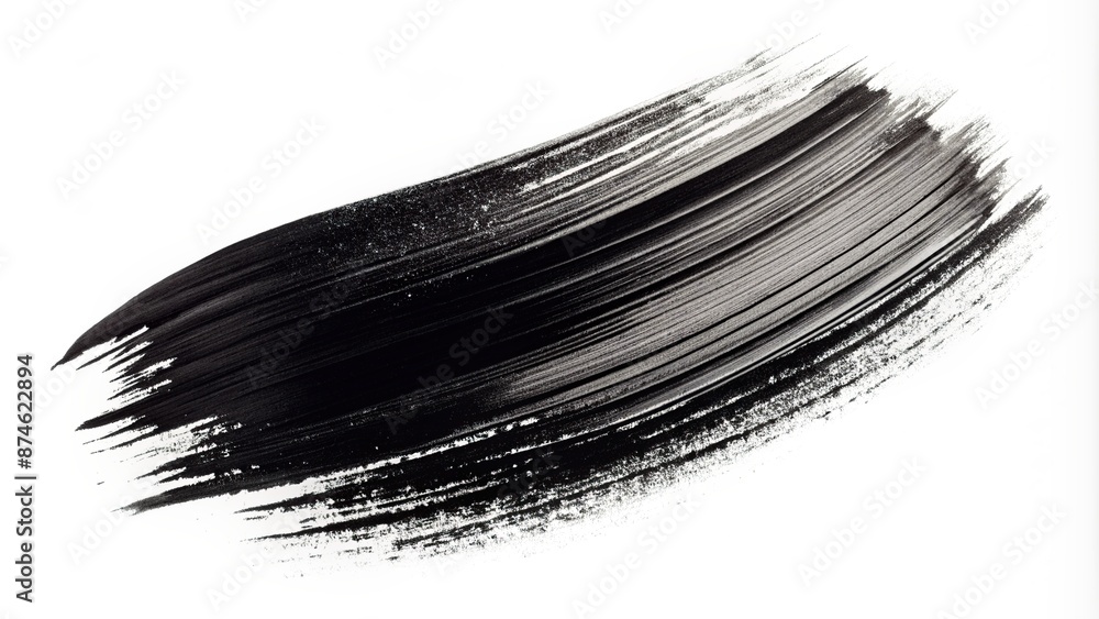 Poster vibrant black brush stroke on a crisp white background, creating a striking contrast, perfect for ad