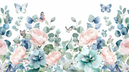 A watercolor floral border, pastel pink and blue flowers, lush green leaves, butterflies adding a whimsical touch, soft and light color palette, intricate and delicate design