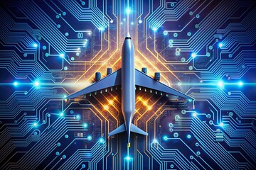 Microchip with sleek airplane at its center, surrounded by glowing circuits, neon lights and futuristic elements, representing innovative digital twin concept in aviation technology.