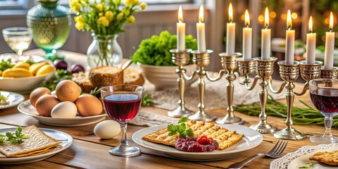 Festive Passover seder table setting with traditional Jewish foods, candles, and wine glasses, awaiting beloved family gatherings and joyous celebrations of heritage.