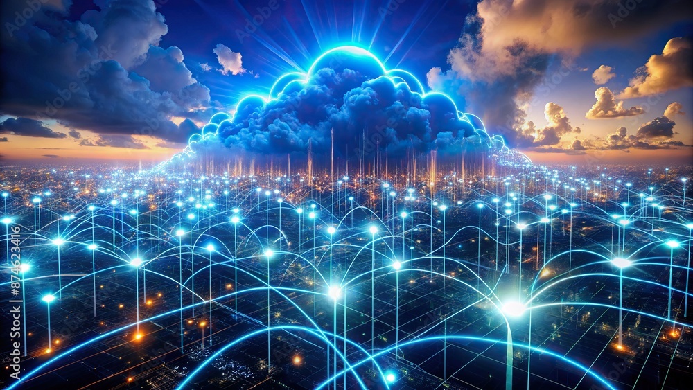 Poster virtual global network of glowing circuits and wires transferring massive amounts of data through th