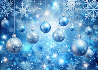 Sparkling blue winter wonderland background with delicate snowflakes gently falling around shimmering Christmas balls and ornaments, evoking a magical holiday atmosphere.