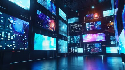 Futuristic technological room is showing charts, graphs, and data on a multitude of screens