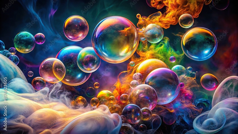 Poster vibrant colorful bubbles burst forth from a modern artistic background, surrounded by wispy tendrils