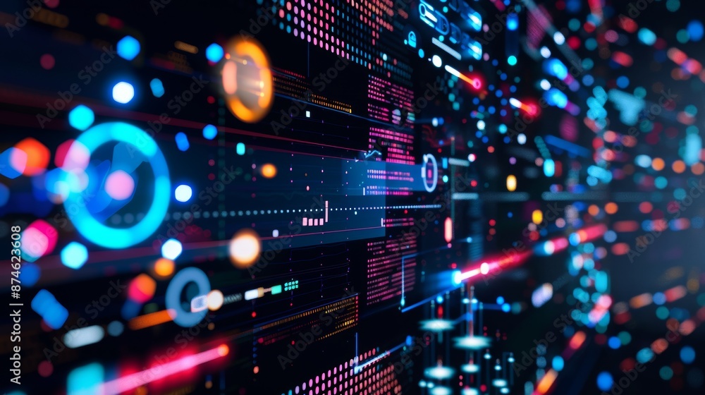 Poster modern and colorful design showcasing futuristic technology background with data processing, charts,