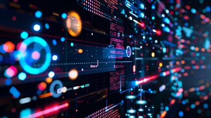 Modern and colorful design showcasing futuristic technology background with data processing, charts, and graphs