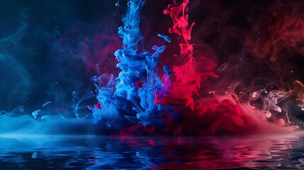 Majestic ink blot art with red and blue acrylic colors cascading into dark water on an abstract background.