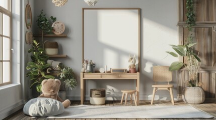 kids room with blank poster on the wall generative ai
