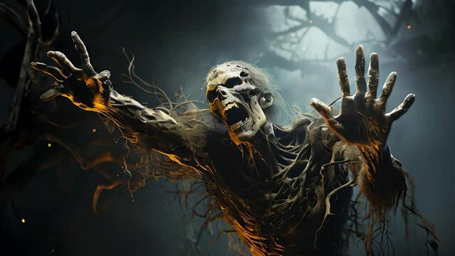 Zombies rise from the dead in a dark scary forest at night and pull their hands out of the ground for the Halloween holiday