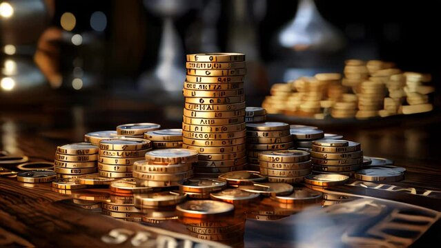Gold coins and money are scattered on the table. Concept of wealth and saving money
