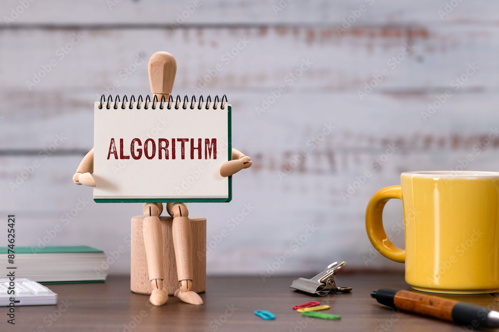 Poster there is notebook with the word algorithm. it is as an eye-catching image.