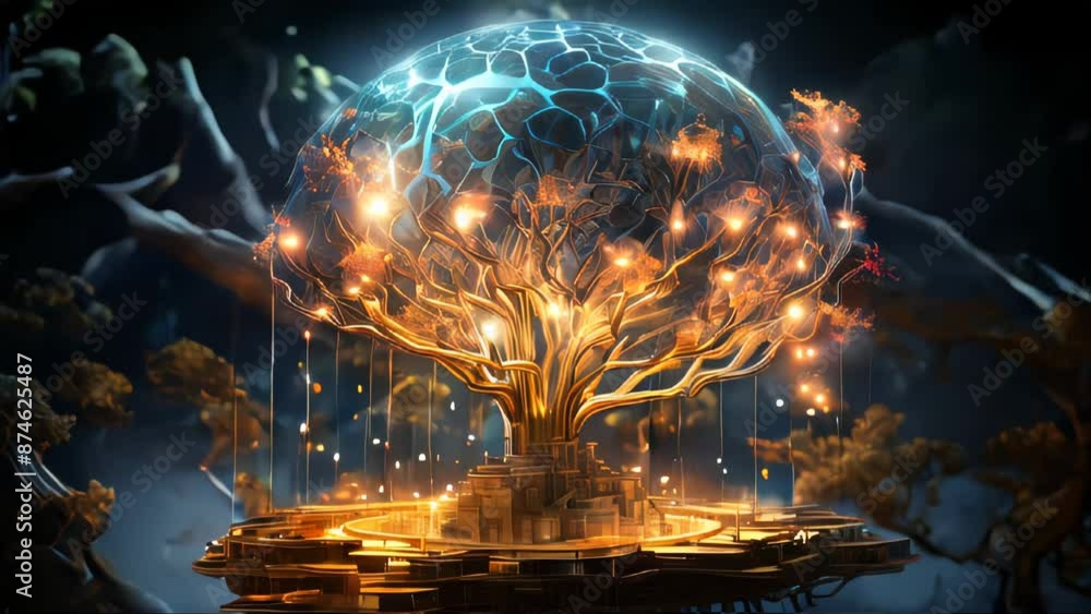 Poster green natural eco-friendly tree and computer technology on an abstract high-tech futuristic backgrou