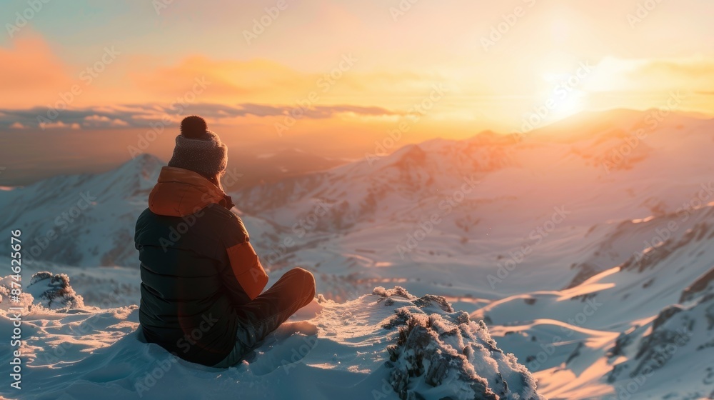 Poster a mountain summit where a person sits in the snow with their eyes closed using the cold temperature 