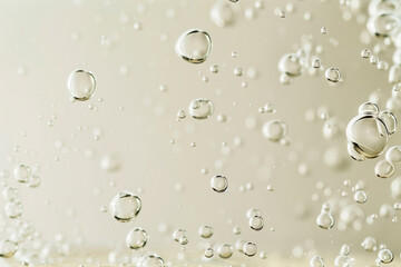 Close-up of beige transparent bubbles in oil or collagen serum, showing cosmetic product molecules on a neutral background.	