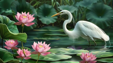 Egret in Lotus Pond