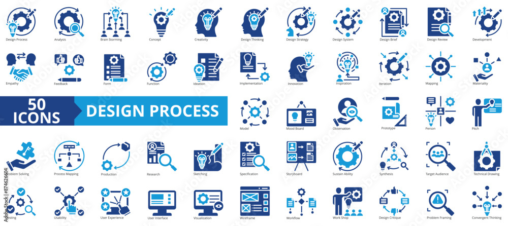 Poster design process icon collection set. containing analysis, brainstorming, concept, creativity, design 