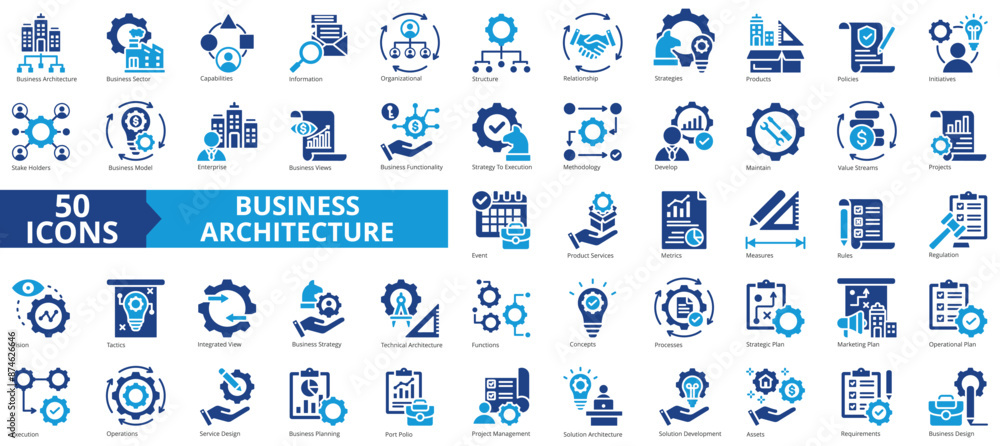 Poster business architecture icon collection set. containing strategy, execution, management, execution, op