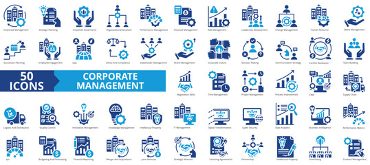 Corporate management icon collection set. Containing business, financial, process, team building, project, innovation, brand icon. Simple flat vector illustration.