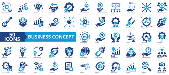 Business concept icon collection set. Containing products, revenue, services, distribution, core value, cost, management icon. Simple flat vector illustration.