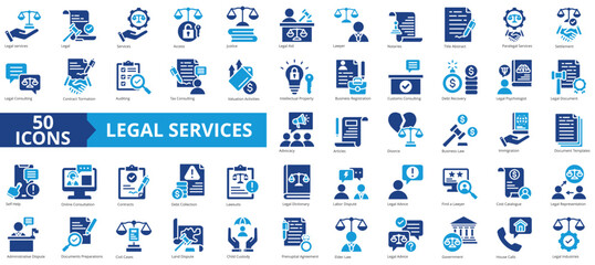 Legal services icon collection set. Containing justice, lawyer, notaries, law, immigration, advocacy, contracts icon. Simple flat vector illustration.