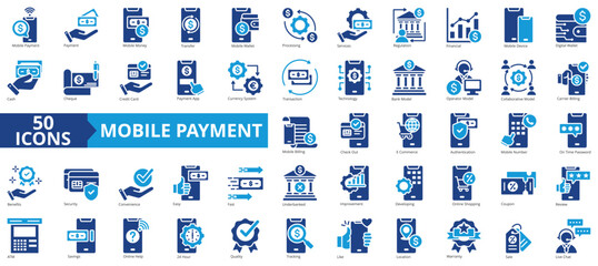 Mobile payment icon collection set. Containing money, transfer, authentication, process, services, regulation, financial icon. Simple flat vector illustration.