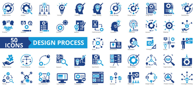 Design process icon collection set. Containing analysis, brainstorming, concept, creativity, design thinking, strategy, design brief icon. Simple flat vector illustration.