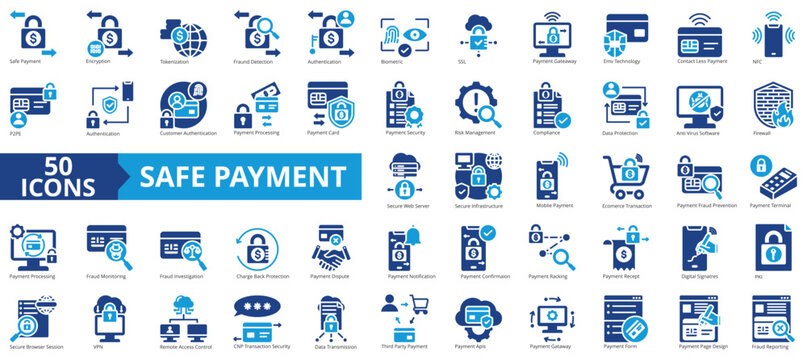 Safe payment icon collection set. Containing encryption, tokenization, fraud detection, authentication, biometric, ssl, payment gateway icon. Simple flat vector illustration.