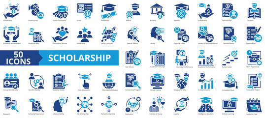 Scholarship icon collection set. Containing financial aid, tuition assistance, grant, fellowship, award, bursary, stipend icon. Simple flat vector illustration.