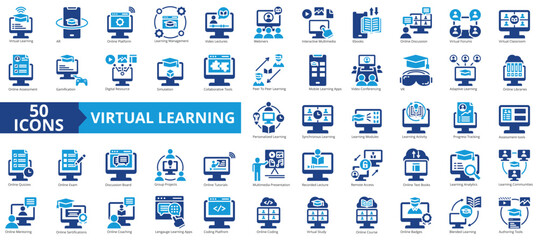 Virtual learning icon collection set. Containing blended learning, lms, gamification, e books, coaching, mentoring, course icon. Simple flat vector illustration.