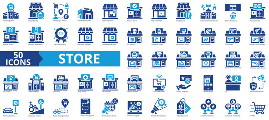 Store icon collection set. Containing retail, shopping centers, department store, trolley, groceries, loyalty program, brands promotions icon. Simple flat vector illustration.