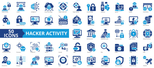 Hacker activity icon collection set. Containing hacker activity, artificial intelligence, cloud technology, worm virus, hacking, phishing, encryption icon. Simple line vector illustration.