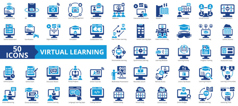 Virtual learning icon collection set. Containing blended learning, lms, gamification, e books, coaching, mentoring, course icon. Simple flat vector illustration.