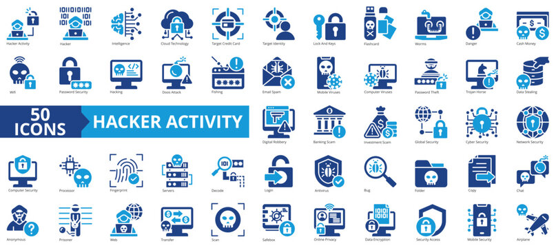 Hacker activity icon collection set. Containing hacker activity, artificial intelligence, cloud technology, worm virus, hacking, phishing, encryption icon. Simple line vector illustration.