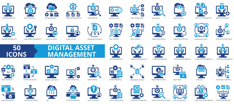 Digital asset management icon collection set. Containing repository, cloud file ,database ,indexing, version control, cms, content icon. Simple flat vector illustration.