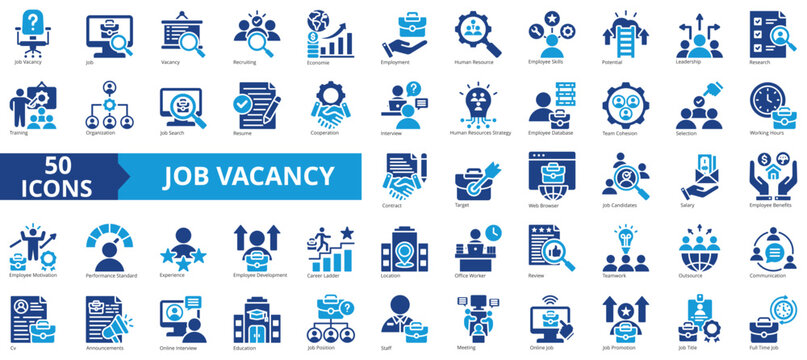 Job vacancy icon collection set. Containing online job search, requirements, recruiting, employment, human resource management, employee skills, career ladder icon. Simple flat vector illustration.