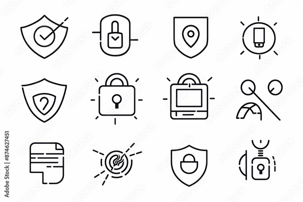 Poster shield data security line icons editable stroke stock illustration